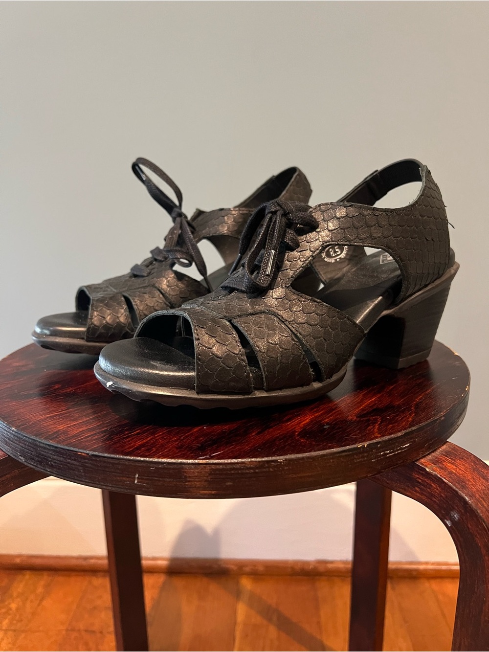 John Fluevog Black Textured Lace-Up Open-Toe Block Heel Sandals